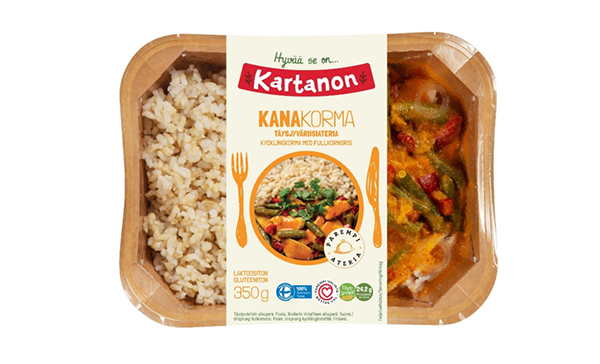 Kartanon Kanakorma, Täysjyväriisiä ja broilerin rintafileetä kanelilla ja currylla maustetussa kastikkeessa.