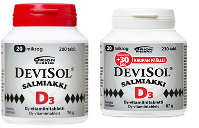 Kaksi Devisol Salmiakki D-vitamiinipurkkia.
