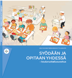 Kouluruokailusuositus-julkaisun kannessa oppilaat syövät koulun ruokalassa.