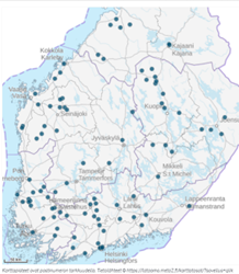 Suomen kartalla siemenpakkaamojen sijainnit.