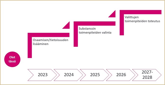 Kestävän kehityksen ohjelman vaiheet vuoteen 2028 asti: Osaamisen/tietoisuuden lisääminen Substanssin toimenpiteiden valinta Valittujen toimenpiteiden toteutus.