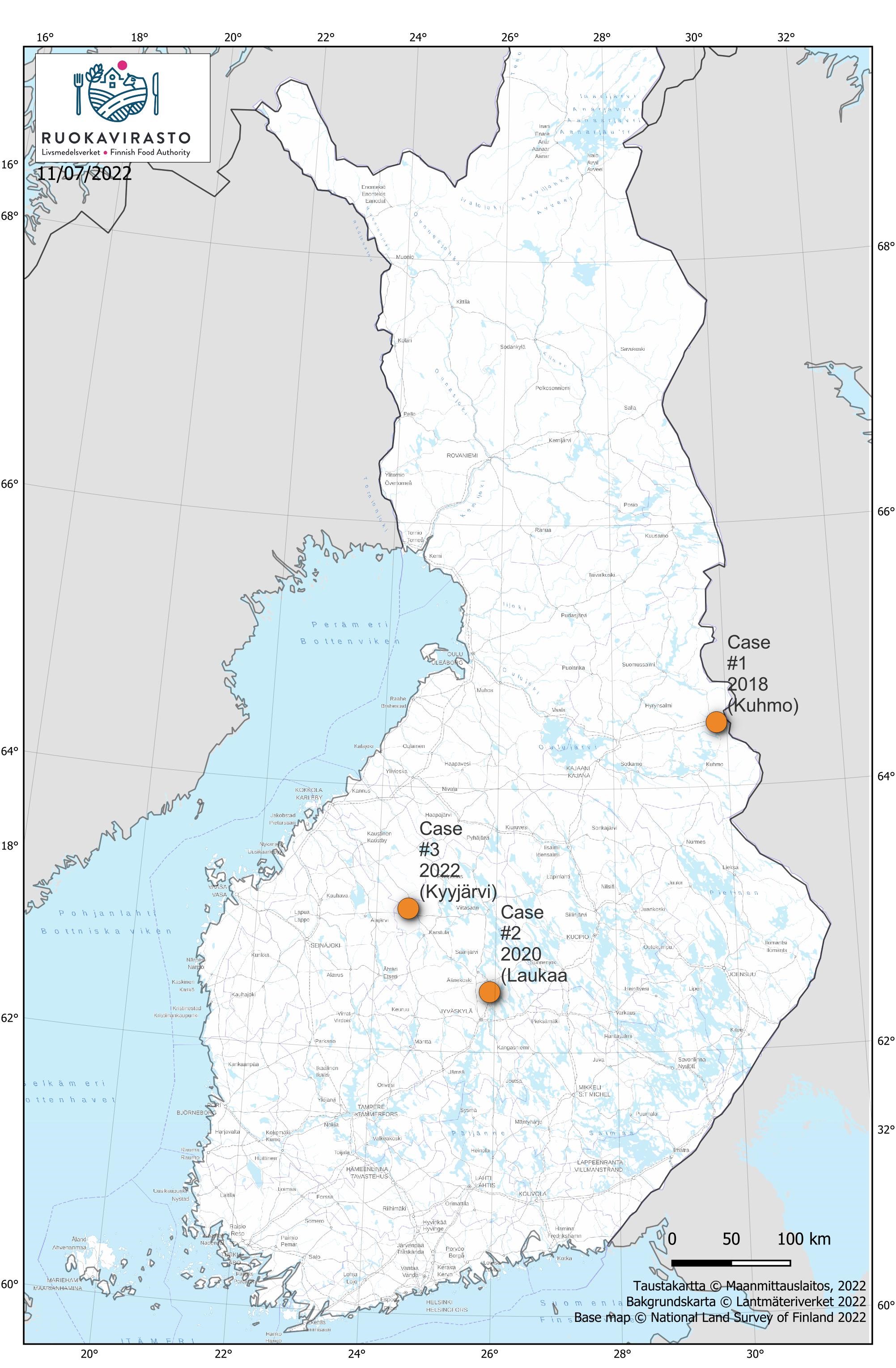 Hirvieläinten näivetystautitapaukset merkittynä Suomen karttakuvaan.